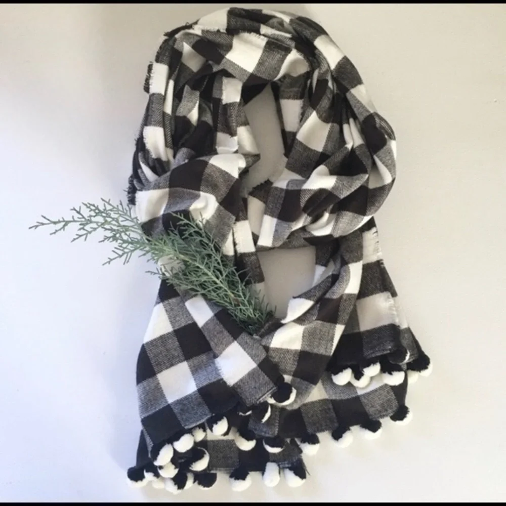 J.Crew, Plaid Scarf  Wrap,Black & White, with Pom Pom